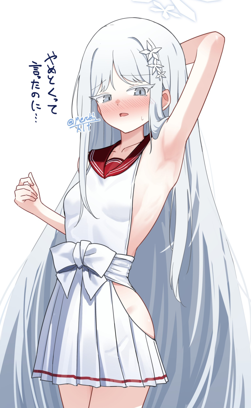 1girl, absurdres, arm_behind_head, armpits, blue_archive, blush, bow, breasts, clenched_hand, clothing_cutout, collarbone, colored_eyelashes, commentary, cosplay, cowboy_shot, ear_blush, embarrassed, furrowed_brow, grey_eyes, hair_ornament, hair_over_shoulder, halo, hand_up, highres, hip_vent, long_hair, looking_at_viewer, meruki, miniskirt, nagusa_(blue_archive), no_bra, nose_blush, open_mouth, pleated_skirt, presenting_armpit, red_sailor_collar, renge_(blue_archive), renge_(blue_archive)_(cosplay), sailor_collar, school_uniform, serafuku, shirt, sideless_shirt, sidelocks, simple_background, skirt, small_breasts, snowflake_hair_ornament, snowflake_halo, solo, straight_hair, sweatdrop, translation_request, twitter_username, very_long_hair, white_background, white_bow, white_eyelashes, white_hair, white_halo, white_serafuku, white_shirt, white_skirt