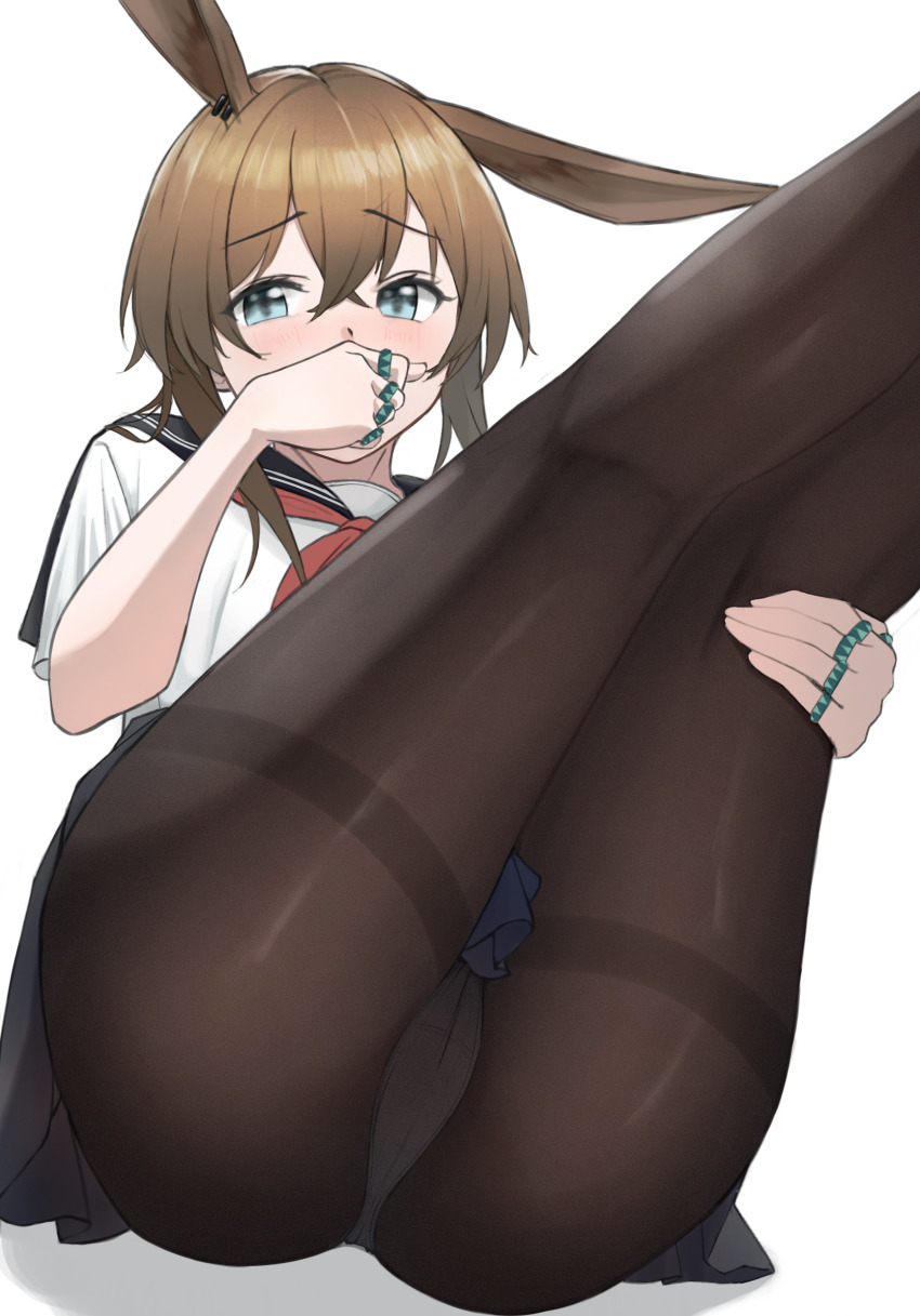 1girl, alternate_costume, amiya_(arknights), animal_ears, aqua_eyes, arknights, ass, black_panties, black_sailor_collar, blush, brown_hair, brown_pantyhose, cameltoe, commentary, covered_mouth, covering_own_mouth, crossed_bangs, embarrassed, feet_out_of_frame, hair_between_eyes, highres, jewelry, kneepits, legs_up, multiple_rings, panties, pantyhose, ring, sailor_collar, school_uniform, serafuku, sharp-pig, shirt, short_hair, simple_background, solo, underwear, white_background, white_shirt
