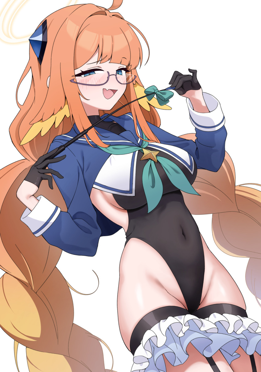 1girl, :d, ahoge, aqua_neckerchief, black_gloves, black_leotard, blue_archive, blue_eyes, blue_shrug, blunt_bangs, braid, braided_twintails, breasts, commentary, covered_navel, cowboy_shot, crotchless, dutch_angle, fang, feather_hair, frilled_thigh_strap, glasses, gloves, groin, hair_intakes, half_gloves, halo, hands_up, highleg, highleg_leotard, highres, holding, holding_riding_crop, impossible_clothes, impossible_leotard, large_breasts, leotard, long_hair, long_sleeves, looking_at_viewer, low_twintails, meruki, naughty_face, neckerchief, official_alternate_costume, official_alternate_hairstyle, open_mouth, orange_hair, purple-framed_eyewear, riding_crop, semi-rimless_eyewear, shimiko_(blue_archive), shimiko_(magical)_(blue_archive), shrug_(clothing), sidelocks, simple_background, skin_fang, smile, solo, super_highleg, thigh_strap, twin_braids, twintails, very_long_hair, white_background, yellow_halo