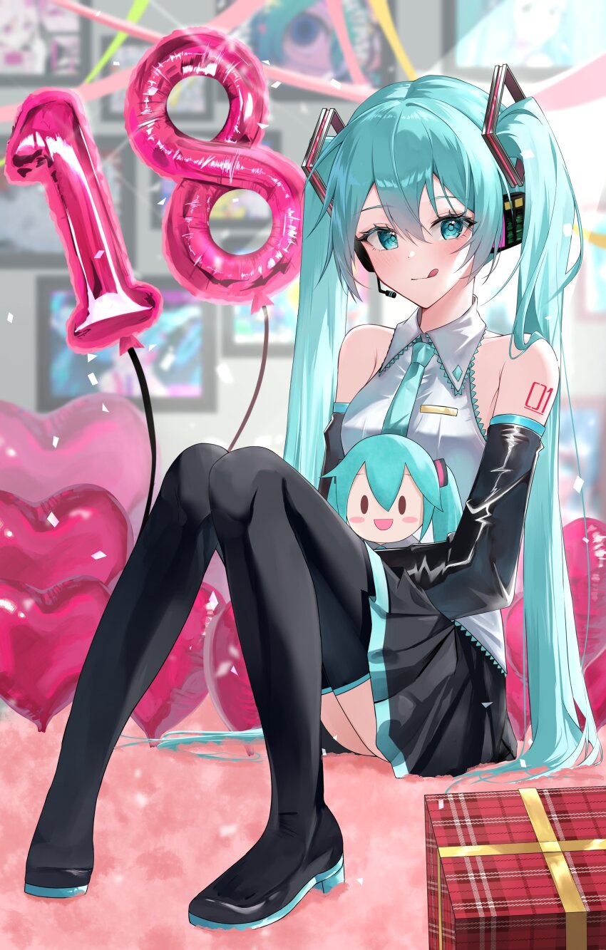 1girl, absurdres, antenna_39_(vocaloid), aqua_eyes, aqua_hair, aqua_necktie, balloon, bare_shoulders