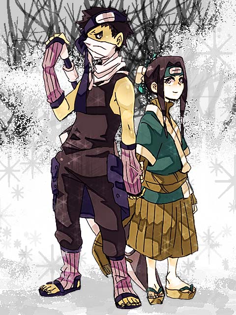 2boys, bandages, black_hair, chikuri, forehead_protector, haku_(naruto), long_hair, momochi_zabuza