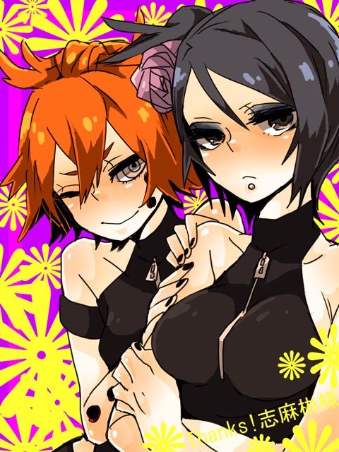 2girls, ajisai_(naruto), alternate_costume, animal_path, black_hair, canon_genderswap, chikuri, chikushoudou_pain, face_piercing, flower, genderswap, genderswap_(mtf), hair_flower, hair_ornament, konan_(naruto), labret_piercing, lip_piercing, multiple_girls, nail_polish, naruto_(series), naruto_shippuuden, one_eye_closed, orange_hair, pain_(chikushoudou), pain_(naruto), piercing, possessed, possession, smile, wink