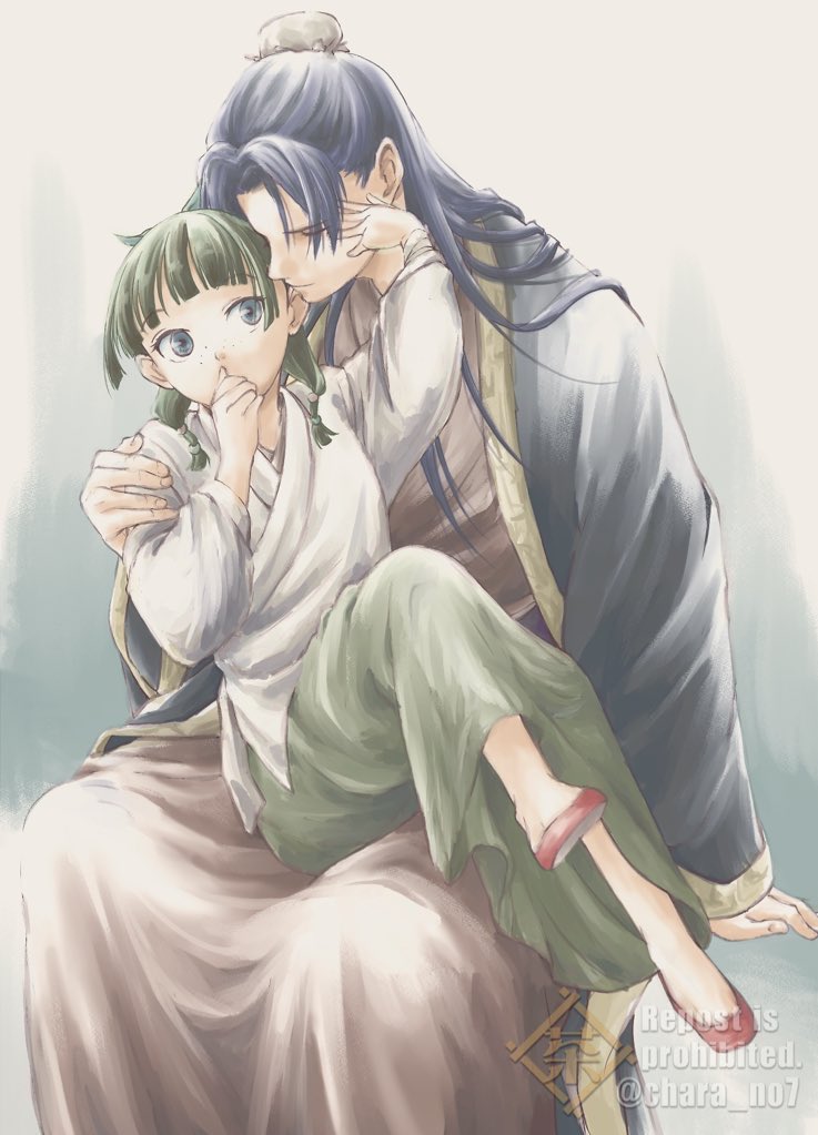 1boy, 1girl, arm_around_shoulder, beads, blue_eyes, blue_hair, blue_ribbon, blunt_bangs