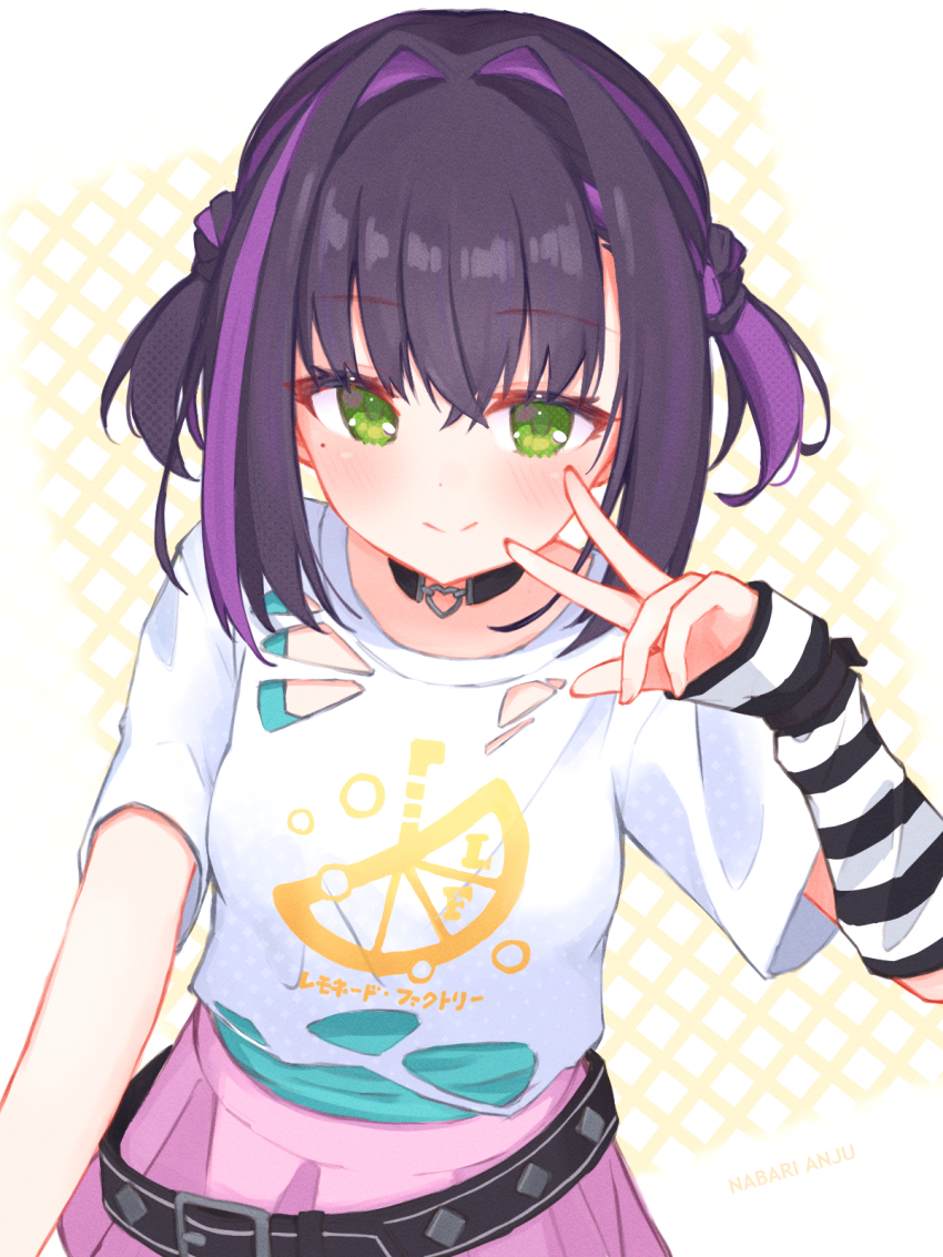 1girl, aqua_shirt, arm_warmers, belt, black_belt, black_choker, black_hair, blush