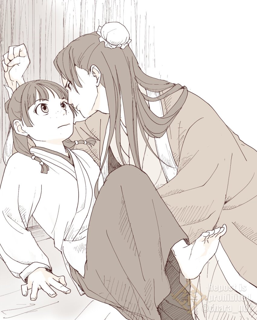 1boy, 1girl, barefoot, beads, blunt_bangs, bun_cover, chara_no7, chinese_clothes