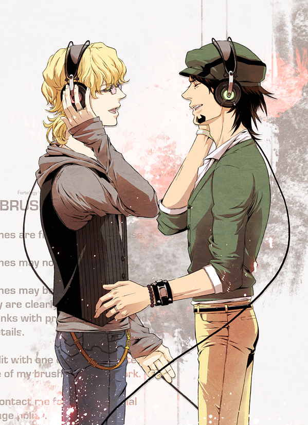 10s, 2boys, bad_id, bad_pixiv_id, barnaby_brooks_jr., blonde_hair, bracelet, brown_hair