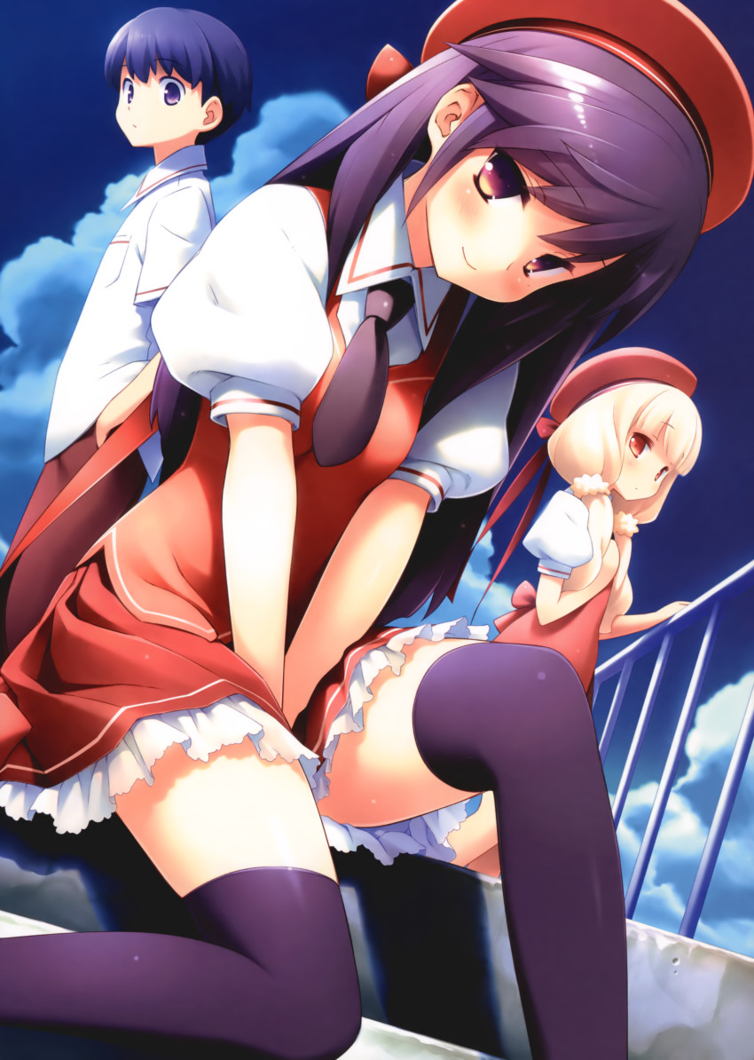 1boy, 2girls, absurdres, black_hair, blonde_hair, blue_hair, blush, cafe_sourire