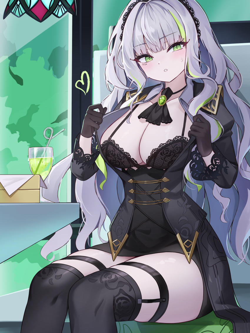 1girl, absurdres, ascot, black_ascot, black_bra, black_coat, black_corset, black_gloves