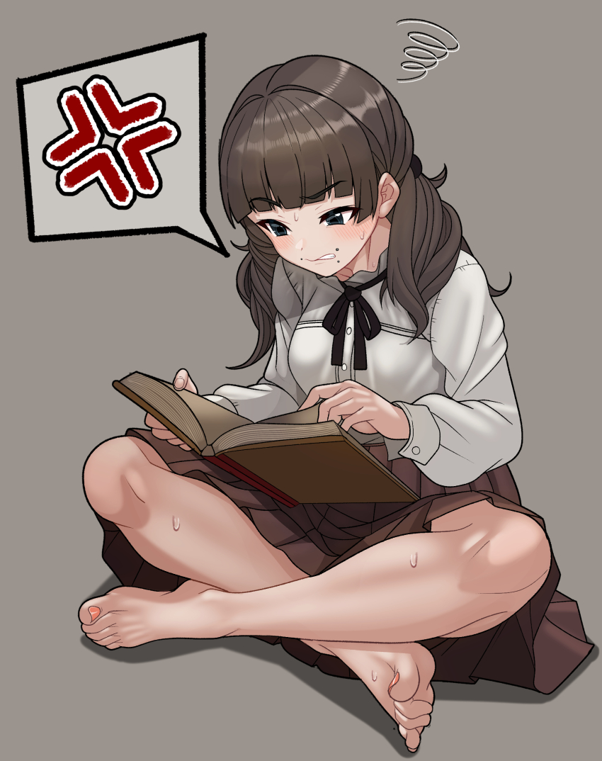 1girl, absurdres, anger_vein, barefoot, black_eyes, black_ribbon, blunt_bangs, blush