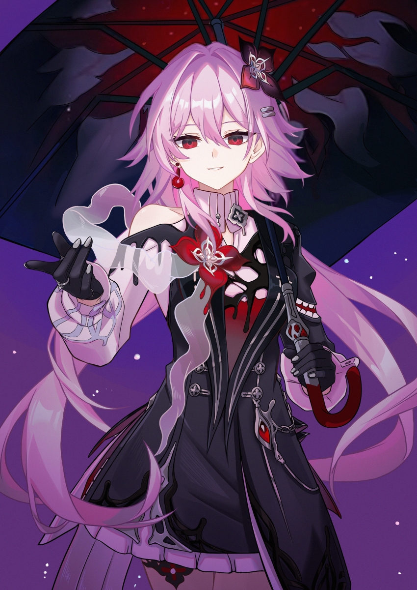 1girl, absurdres, asymmetrical_dress, black_dress, black_gloves, black_umbrella, breasts, commentary_request