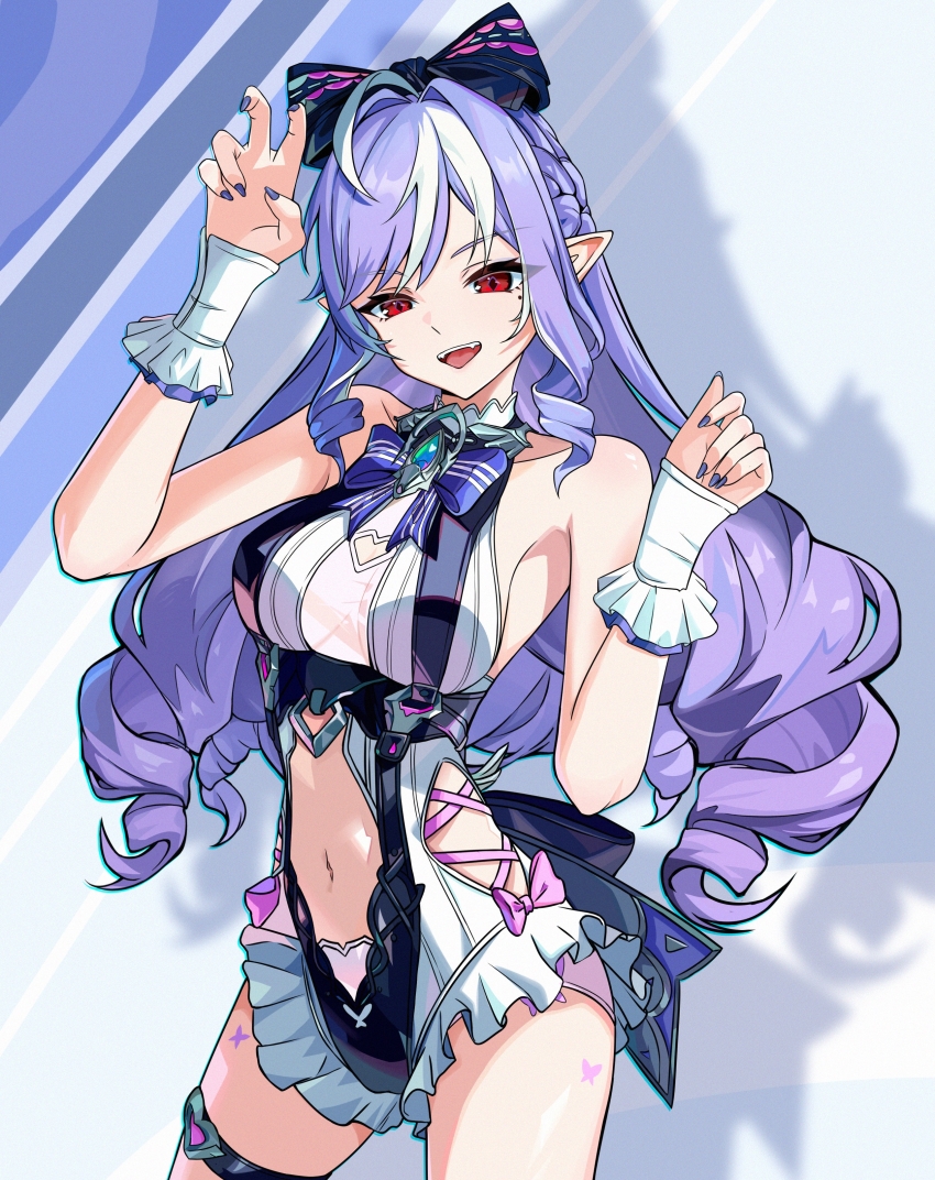 1girl, absurdres, bare_shoulders, bow, casual_one-piece_swimsuit, chinese_commentary, clothing_cutout, commentary_request, cowboy_shot, fingernails, hair_bow, hands_up, highres, li_shijin, long_fingernails, long_hair, mole, mole_under_eye, multicolored_hair, nail_polish, navel, official_alternate_costume, one-piece_swimsuit, open_mouth, partial_commentary, pointy_ears, purple_bow, purple_hair, purple_nails, red_eyes, sidelocks, smile, solo, stomach, stomach_cutout, streaked_hair, swimsuit, thigh_strap, thighs, vivian_banshee, vivian_banshee_(iris_of_the_shore), white_one-piece_swimsuit, zenless_zone_zero