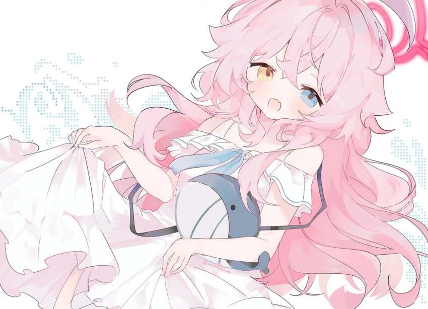 1girl, alternate_costume, artist_name, ben-day_dots, blue_archive, blue_bow, blue_bowtie, blue_eyes, bow, bowtie, commentary, cowboy_shot, crossed_bangs, dress, dutch_angle, fang, floating_hair, halo, heterochromia, holding, holding_own_dress, holding_stuffed_toy, hoshino_(blue_archive), imaichichan, instagram_username, light_blush, long_hair, looking_at_viewer, messy_hair, no_nose, off-shoulder_dress, off_shoulder, open_mouth, pink_hair, pink_halo, screentones, see-through_strap, skin_fang, sleeveless, sleeveless_dress, solo, stuffed_animal, stuffed_toy, stuffed_whale, sundress, twitter_username, white_background, white_dress, yellow_eyes