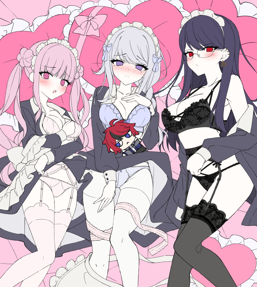 3girls, :o, absurdres, ahoge, apron, black_dress, black_panties, black_streaks