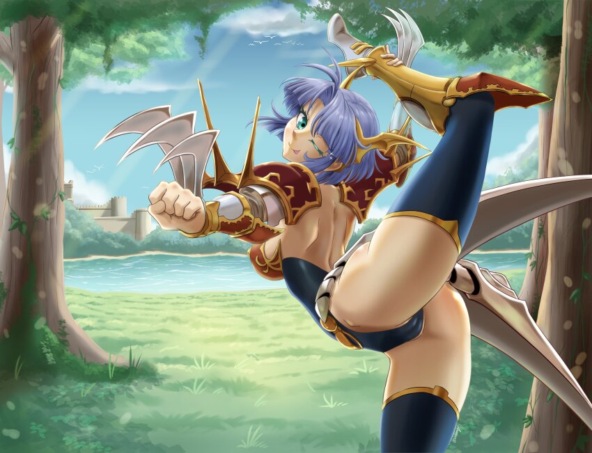 1girl, ;p, absurdres, anander0, armor, armored_boots, ass, bikini_armor