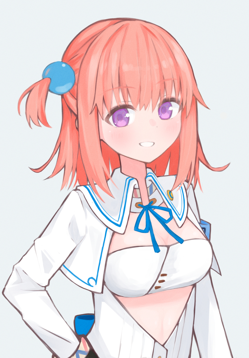 1girl, :d, blue_ribbon, blush, breasts, cidre_db, cleavage, commentary