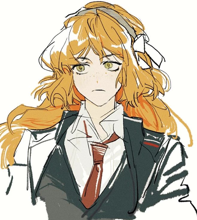 1girl, bad_link, black_jacket, black_vest, bow, closed_mouth, collared_shirt, freckles, green_eyes, hair_bow, iiii_roland, ishmael_(project_moon), jacket, limbus_company, long_hair, looking_to_the_side, orange_hair, project_moon, shirt, sidelocks, simple_background, solo, source_request, third-party_source, very_long_hair, vest, white_bow, white_shirt