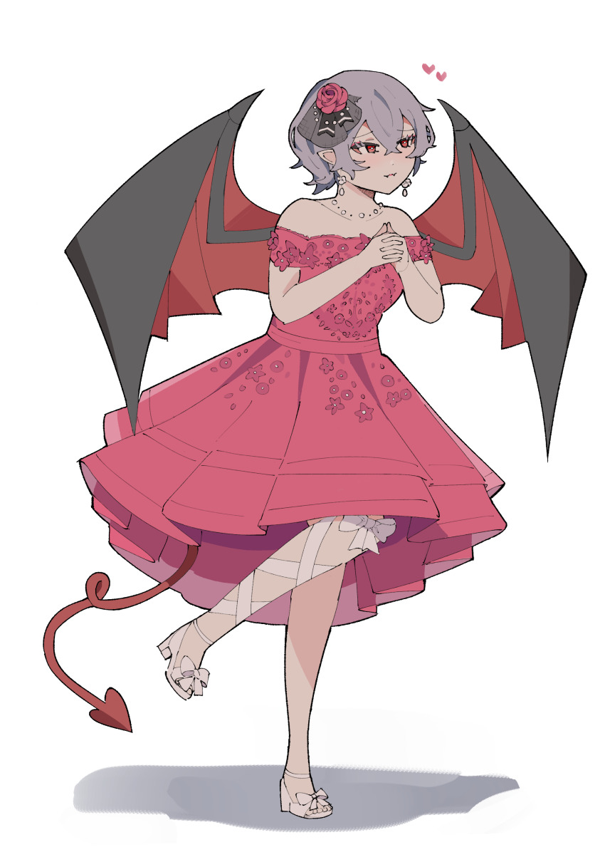 1girl, absurdres, bat_wings, closed_mouth, commentary_request, demon_tail, dress, earrings