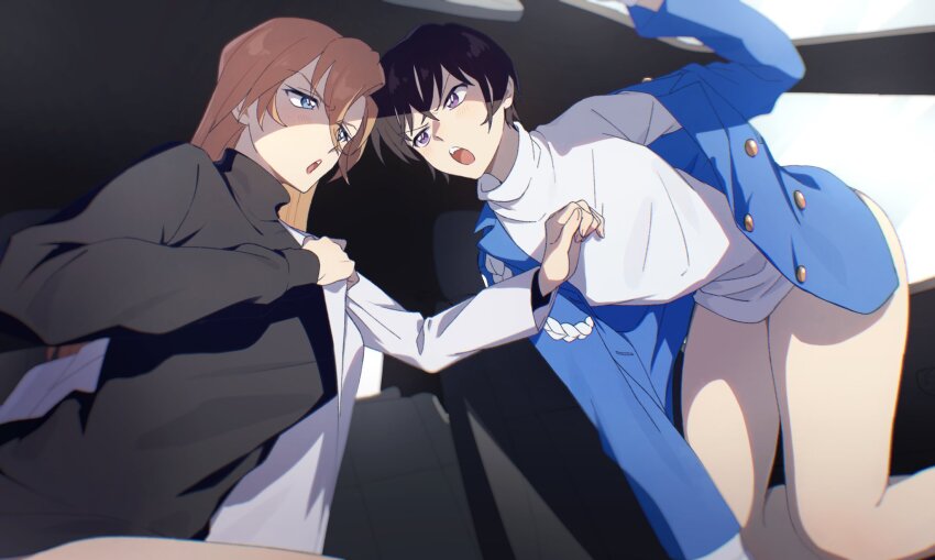 2girls, black_hair, blue_eyes, blush, brown_hair, commentary_request, cosplay, costume_switch