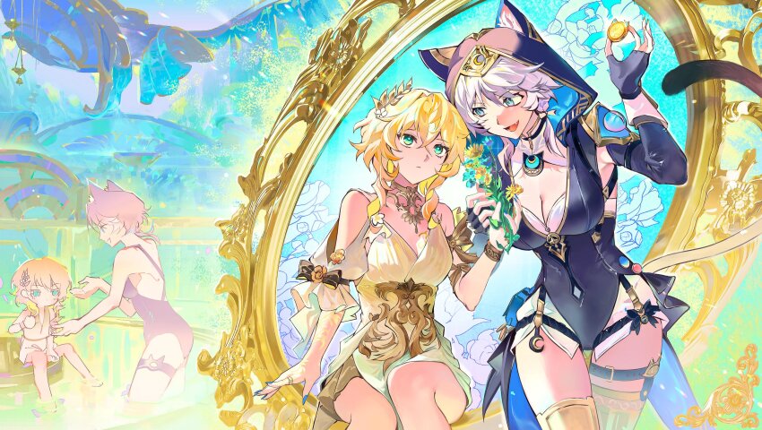 2girls, aged_down, aglaea_(honkai:_star_rail), blonde_hair, blue_eyes, breasts, cat_girl, choker