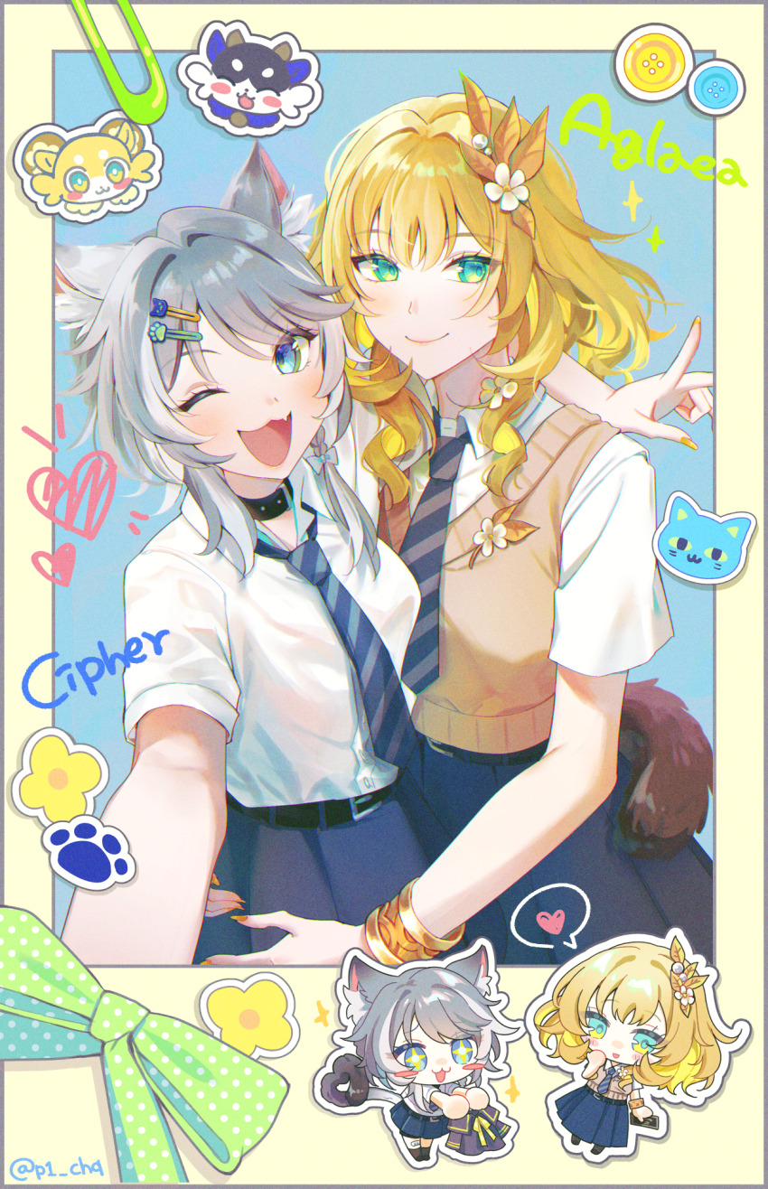 2girls, aglaea_(honkai:_star_rail), aglaea_(oatmeal)_(honkai:_star_rail), alternate_costume, belt_buckle, blonde_hair, blue_eyes, bow