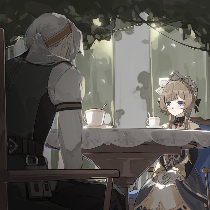 1boy, 1girl, alain_guillotin, black_collar, black_dress, black_sleeves, blue_eyes, brown_hair