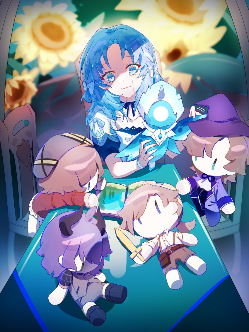 1girl, alain_guillotin, blue_dress, blue_eyes, blue_hair, book, brown_hair, character_doll