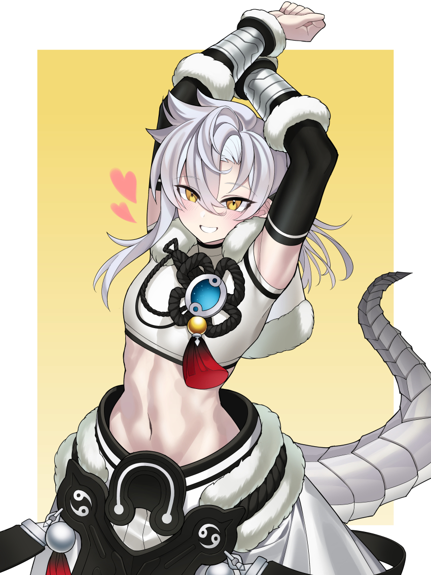 1boy, abs, absurdres, arm_warmers, arms_up, black_arm_warmers, blush, capelet, chinese_commentary, clenched_hand, commentary_request, covered_armpit, cowboy_shot, crop_top, cropped_shirt, dracotail_lukias, dragon_boy, dragon_tail, duel_monster, ear_covers, fur-trimmed_capelet, fur_trim, grey_hakama, grin, groin, hair_between_eyes, hakama, hakama_pants, heart, highres, japanese_clothes, long_hair, looking_at_viewer, male_focus, midriff, navel, pants, shirt, short_sleeves, sidelocks, smile, solo, standing, stretching, tail, tassel, teeth, variant_set, white_capelet, white_hakama, white_shirt, yellow_background, yellow_eyes, yu-gi-oh!, yxzzbg