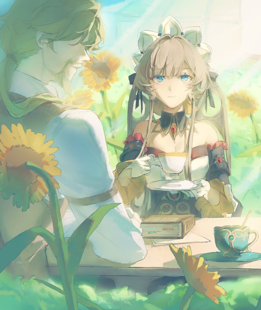 1boy, 1girl, alain_guillotin, bare_shoulders, beard, black_collar, black_dress, black_sleeves