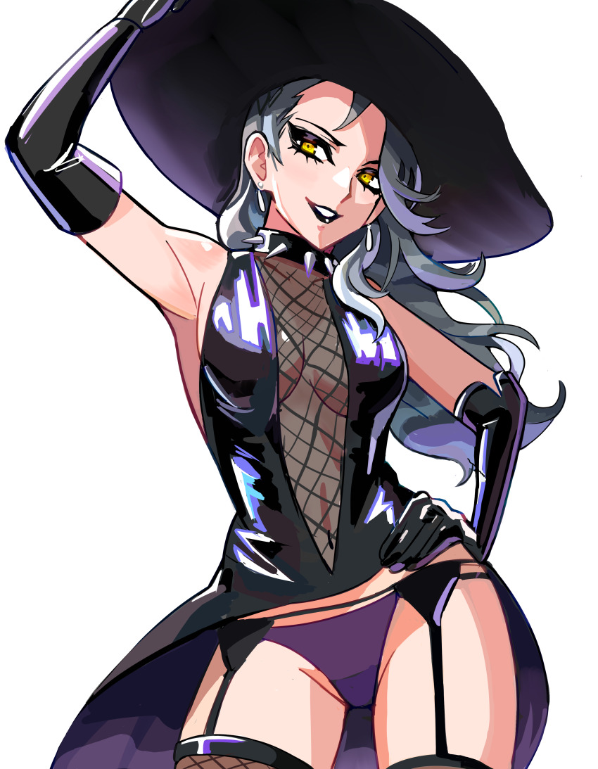 1girl, absurdres, black_dress, black_eyeliner, black_gloves, black_hat, black_lips, breasts