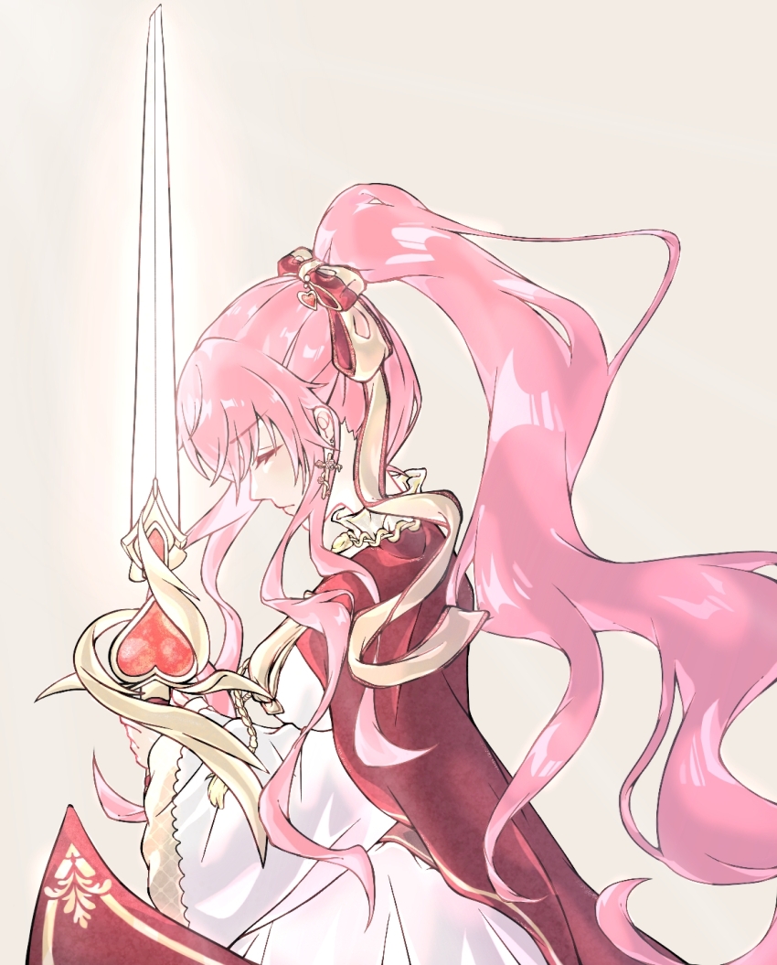 1girl, bow, brown_background, cape, closed_eyes, closed_mouth, collared_dress, commentary_request, cowboy_shot, cross, cross_earrings, dress, earrings, expressionless, eyelashes, frilled_dress, frills, from_side, hair_bow, heart, high_collar, high_ponytail, highres, holding, holding_sword, holding_weapon, jewelry, juliet_sleeves, light_chaser_(miracle_nikki), light_frown, long_hair, long_sidelocks, long_sleeves, mengbohe, miracle_nikki, nikki_(nikki), nikki_(series), pink_hair, pleated_dress, pointy_nose, ponytail, puffy_sleeves, red_bow, red_cape, sidelocks, simple_background, solo, sword, two-tone_bow, very_long_hair, wavy_hair, weapon, white_dress, wide_sleeves, yellow_bow