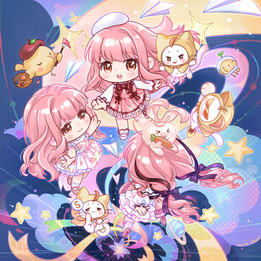 >_<, 3girls, ahoge, animal, animal_on_head, ankle_socks, baby_animal, bare_arms