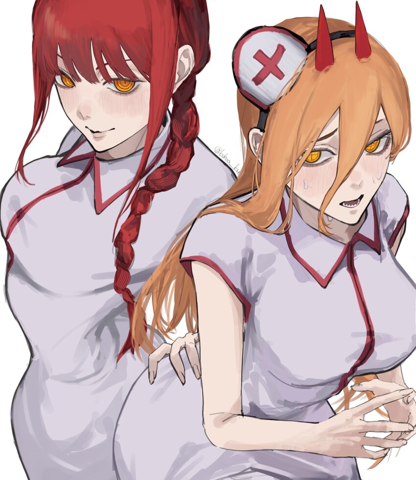 2girls, blonde_hair, braid, breasts, chainsaw_man, closed_mouth, collared_dress, cross-shaped_pupils, demon_girl, demon_horns, dress, from_above, furrowed_brow, hair_between_eyes, hair_over_shoulder, hand_on_another's_waist, hat, highres, horns, kohaa_ku, light_blush, long_hair, makima_(chainsaw_man), medium_breasts, multiple_girls, nurse, nurse_cap, own_hands_together, parted_lips, power_(chainsaw_man), red_hair, red_horns, ringed_eyes, sidelocks, single_braid, sweatdrop, symbol-shaped_pupils, twitter_username, upper_body, white_background, white_dress, yellow_eyes