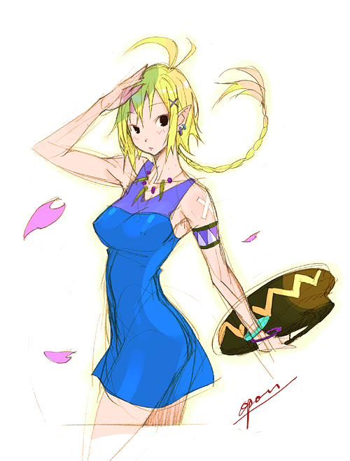 1girl, antenna_hair, archived_source, armband, armpits, artist_name, bandaid, bandaid_on_shoulder