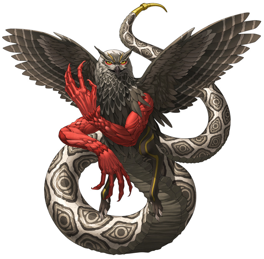 1boy, absurdres, amon_(megami_tensei), beak, bird, claws, demon_(megami_tensei), doi_masayuki, feathered_wings, feathers, highres, official_art, owl, scales, shin_megami_tensei, shin_megami_tensei:_deep_strange_journey, shin_megami_tensei:_strange_journey, snake_tail, solo, tail, third-party_source, transparent_background, wings, yellow_eyes