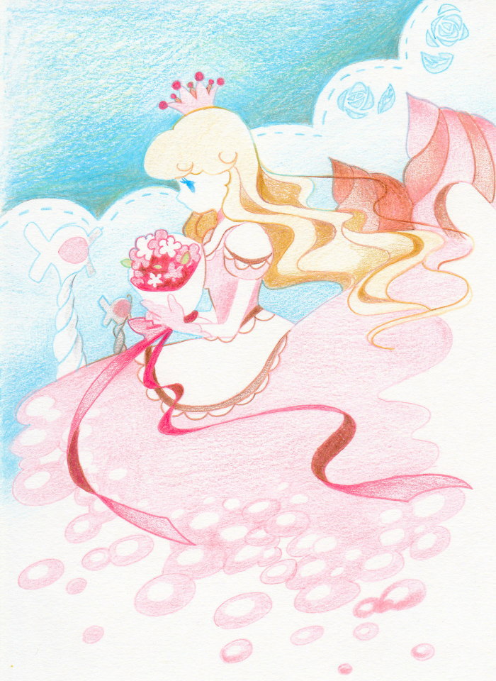 1girl, blonde_hair, blue_eyes, bouquet, closed_mouth, colored_pencil_(medium), commentary_request, crown, dress, expressionless, eyelashes, flower, from_side, gloves, holding, holding_bouquet, long_hair, magicant, mother_(series), mother_1, nintendo, pink_dress, pink_gloves, puffy_short_sleeves, puffy_sleeves, queen_mary, short_sleeves, solo, tanba_(tanba-art), traditional_media