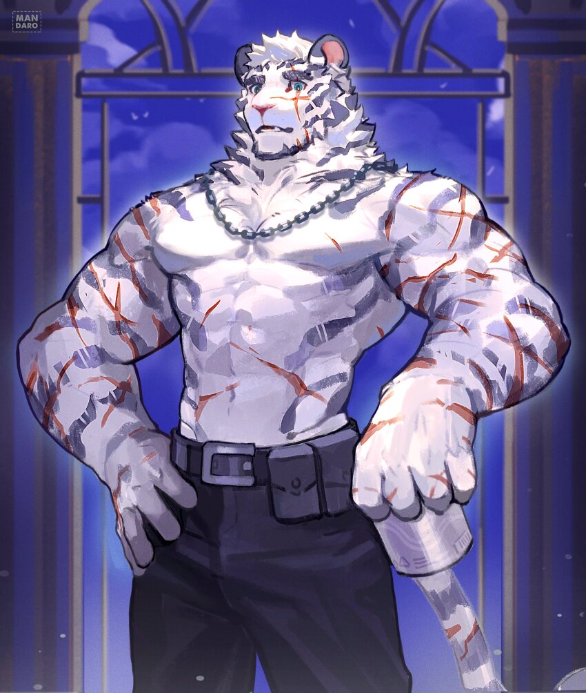 1boy, abs, absurdres, animal_ears, arknights, artist_name, augoose_cong, bara