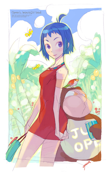 1girl, ahoge, animal, animal_on_head, aqua_bag, archived_source, armlet, artist_name