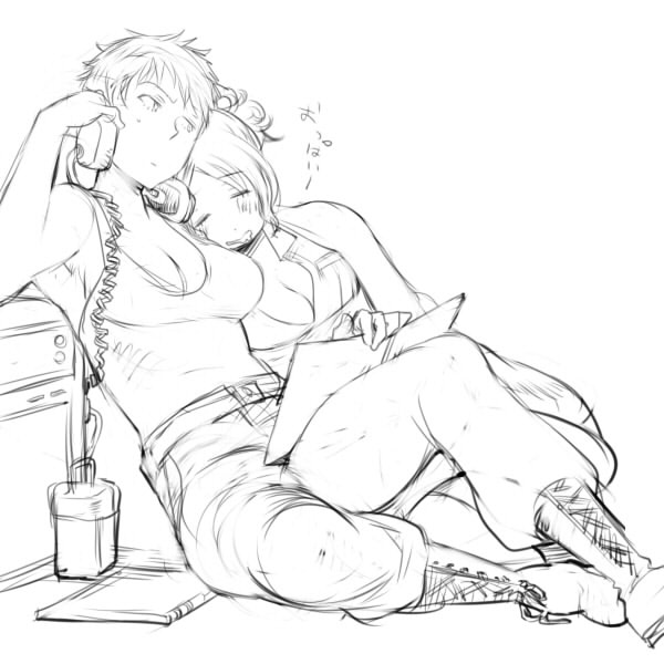 2girls, alternate_hairstyle, arm_support, armpits, axis_powers_hetalia, book, boots, breast_pillow, breasts, cleavage, closed_eyes, cross-laced_footwear, curly_hair, drooling, gender_request, genderswap, germany_(female)_(hetalia), germany_(hetalia), greyscale, happy, headphones, large_breasts, military, military_uniform, monochrome, multiple_girls, no_bra, northern_italy_(female)_(hetalia), northern_italy_(hetalia), open_mouth, pants, paper, parted_bangs, ponytail, sabata_yuki, short_hair, simple_background, sitting, sketch, sleeping, sleeveless, sweat, tank_top, tori_(driftwood), unbuttoned, white_background, yuri