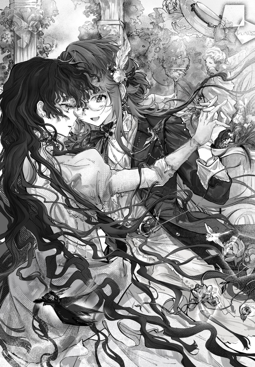 2girls, :d, artist_request, bush, coat, commentary_request, commission, dress