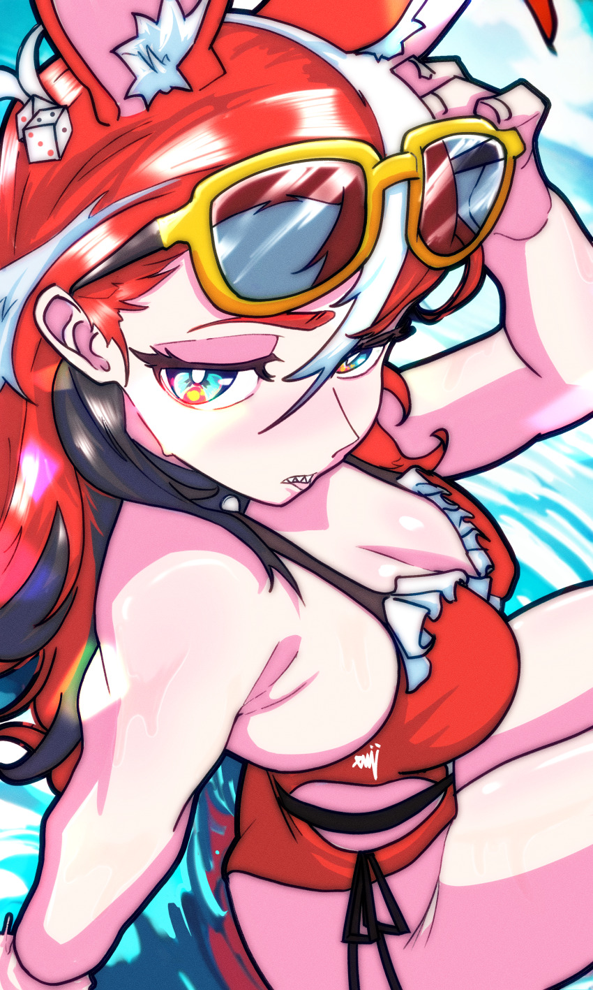 1girl, absurdres, adjusting_eyewear, animal_ear_fluff, animal_ears, armpit_crease, ass, black_ribbon, black_streaks, blue_eyes, breasts, cleavage, cloud, coat, dice_hair_ornament, eyewear_on_head, frilled_one-piece_swimsuit, frills, gradius_(talktocreatures), hair_ornament, hakos_baelz, hakos_baelz_(holonatsu_paradise), highres, hololive, hololive_english, mouse_ears, mouse_girl, multicolored_hair, ocean, official_alternate_costume, one-piece_swimsuit, red_hair, red_one-piece_swimsuit, ribbon, sharp_teeth, sky, streaked_hair, sunglasses, swimsuit, teeth, thighs, virtual_youtuber, water, white_streaks