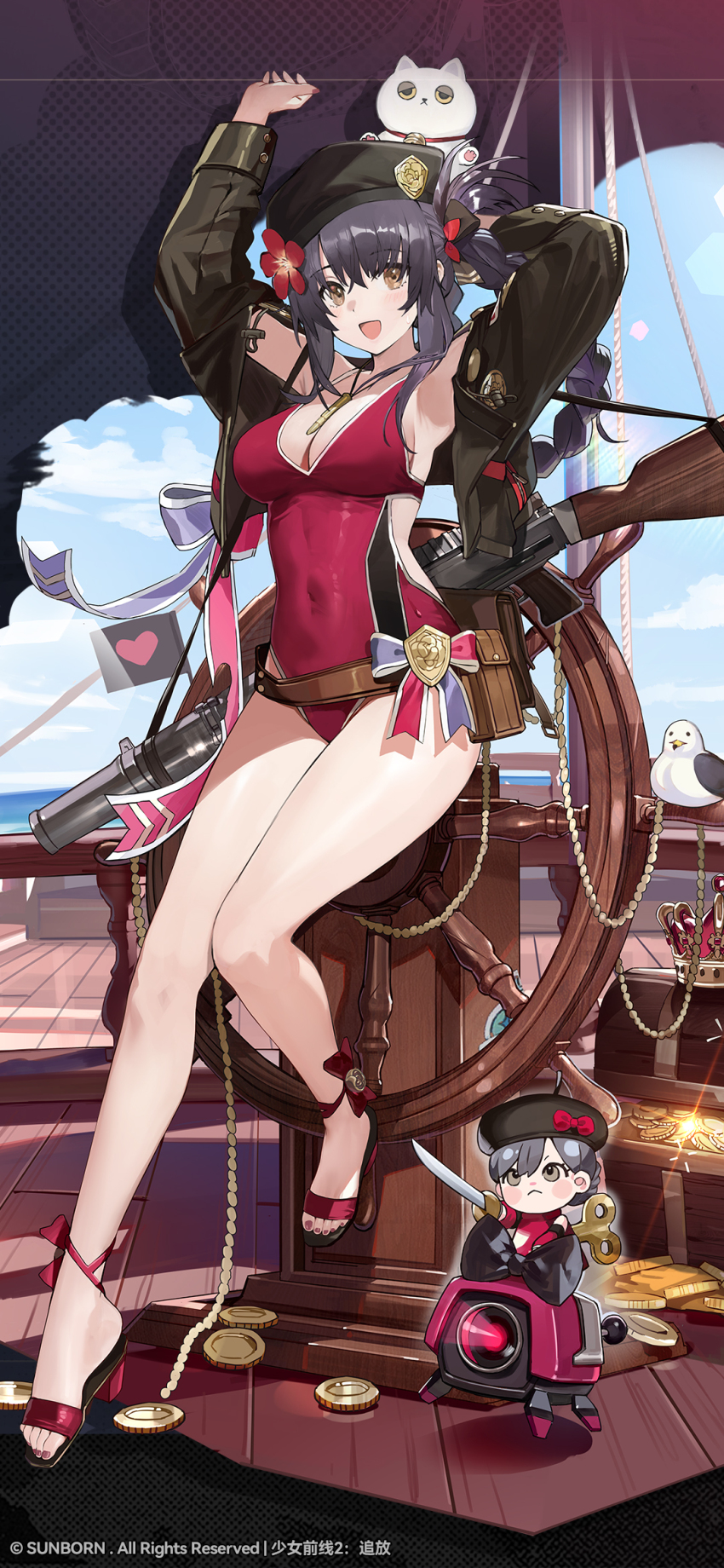 1girl, black_hair, blue_sky, brown_hair, cloud, commentary_request, dinergate_(girls'_frontline), doll