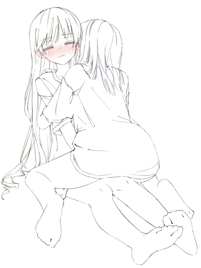 2girls, barefoot, blush, breasts, closed_eyes, closed_mouth, greyscale, highres