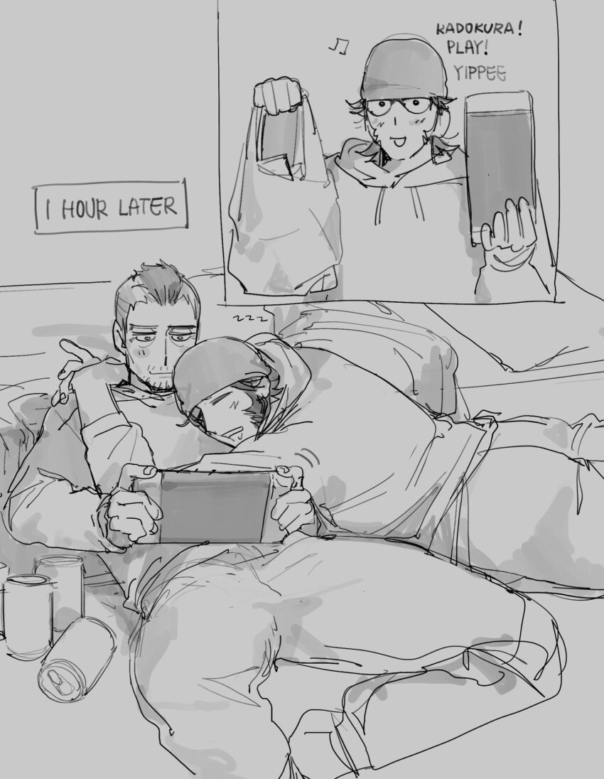 2boys, bag, beer_can, can, commentary, contemporary, couple, cuddling, denim, drink_can, drunk, english_text, facial_hair, goatee_stubble, golden_kamuy, greyscale, headband, highres, insert_page, jeans, kadokura_(golden_kamuy), kirawus_(golden_kamuy), long_sideburns, male_focus, mature_male, monochrome, multiple_boys, mustache_stubble, old, old_man, oldgodgold, pants, plastic_bag, short_hair, sideburns, sketch, sparkle, stubble, untranslatable_commentary, timestamp, undercut, yaoi