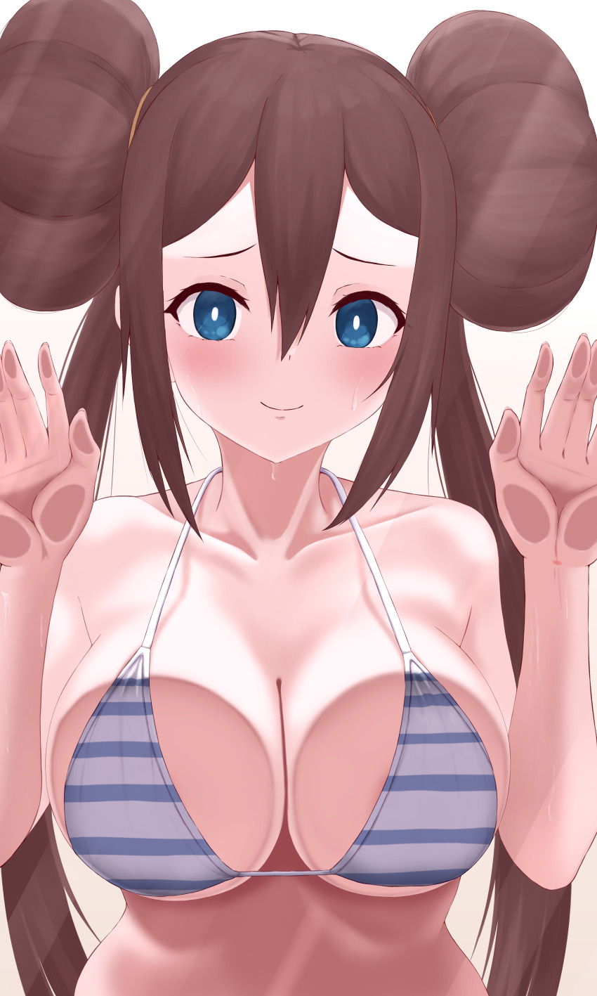 1girl, absurdres, against_glass, bikini, blue_bikini, blue_eyes, blush, breasts, brown_hair, cleavage, closed_mouth, collarbone, commentary_request, donut_hair_bun, double_bun, eka_kinoko, hair_bun, hands_up, highres, large_breasts, long_hair, looking_at_viewer, nintendo, pokemon, pokemon_black_2_and_white_2, rosa_(pokemon), simple_background, solo, striped_bikini, striped_clothes, sweat, swimsuit, twintails, upper_body, very_long_hair, white_background, white_bikini