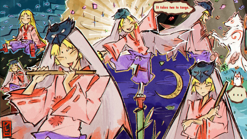 ..., 1boy, :d, amaterasu_(ookami), blonde_hair, closed_eyes, commentary, crescent_moon