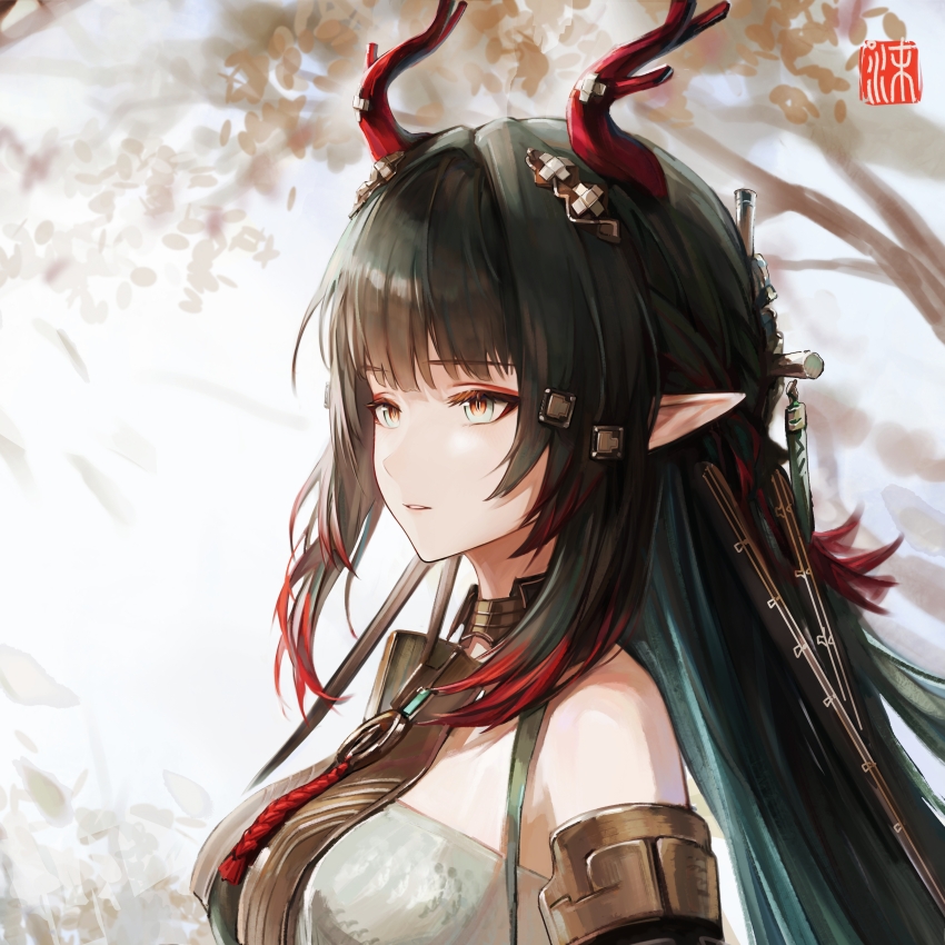1girl, absurdres, aqua_eyes, aqua_hair, arknights, arknights:_endfield, bare_shoulders, black_hair, breasts, chenmo_mo_pie, chinese_commentary, commentary_request, dragon_girl, dragon_horns, eastern_dragon_horns, from_side, hair_ornament, highres, horns, long_hair, looking_ahead, medium_breasts, multicolored_eyes, multicolored_hair, orange_eyes, parted_lips, pointy_ears, red_horns, sidelocks, solo, streaked_hair, two-tone_eyes, upper_body, zhuang_fangyi_(arknights)