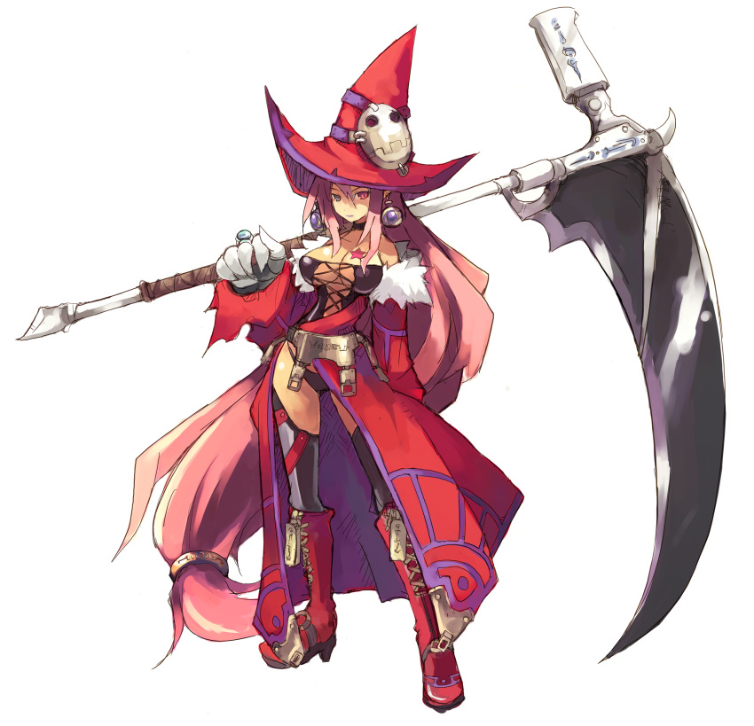 1girl, absurdly_long_hair, absurdres, black_panties, black_thighhighs, boots, breasts, choker, corset, cross-laced_footwear, earrings, female_focus, full_body, fur_trim, gloves, hat, heterochromia, high_heels, highres, huge_weapon, jewelry, knee_boots, large_breasts, legs, long_hair, low-tied_long_hair, luminous_arc, official_art, panties, pink_hair, scythe, shibano_kaito, shoes, solo, thighhighs, thighs, underwear, vanessa_(luminous_arc), very_long_hair, weapon, witch, witch_hat