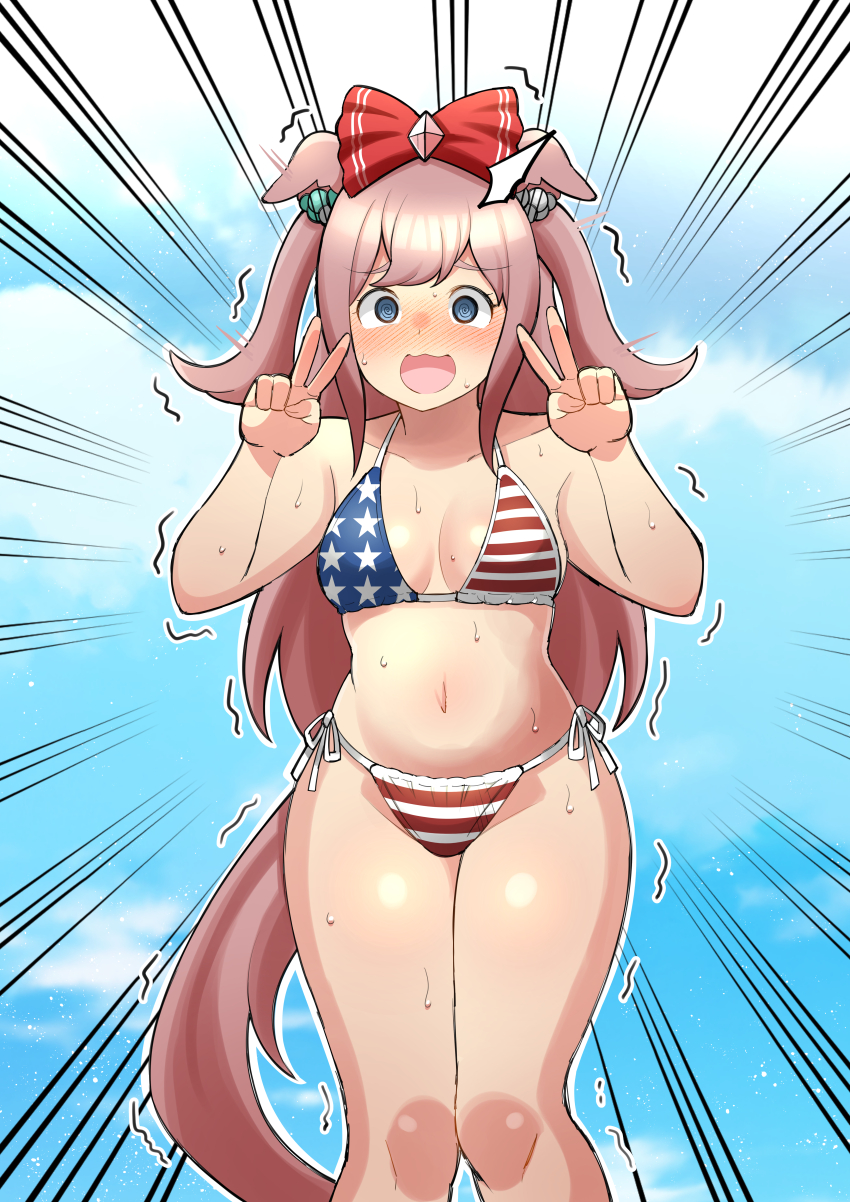 1girl, absurdres, agnes_digital_(umamusume), american_flag, american_flag_bikini, american_flag_print, animal_ears, aramori_susumu