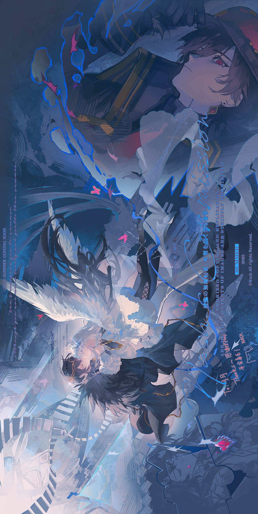 2boys, abstract_background, absurdres, angel_wings, arm_warmers, ayn_alwyn, ayn_alwyn_(infinite_empire), ayn_alwyn_(mist_city)