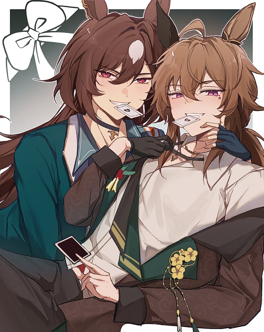 2girls, ahoge, animal_ears, black_choker, brown_hair, brown_jacket, card, choker